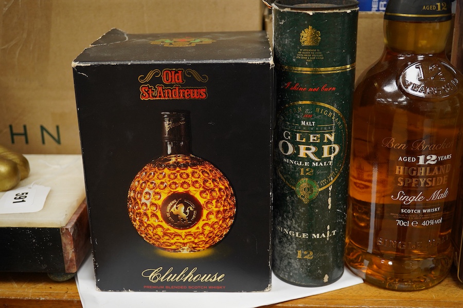 Five bottles of whisky and a half-bottle to include Highland Speyside single malt, aged 12 years and Pipers finest Scot whisky. Condition - fair